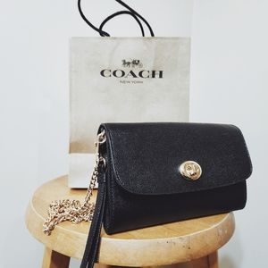 Authentic Coach Wallet Crossbody Chain Clutch Purse Black & Gold
